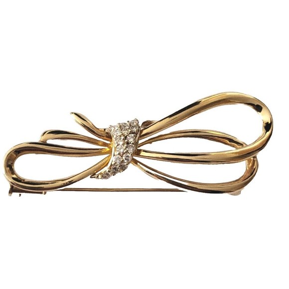 Vintage 14K Yellow & Diamond Ribbon Bow Pin Brooch 9.8 grams 2 1/2" L X 1 1/8" H - Picture 6 of 16